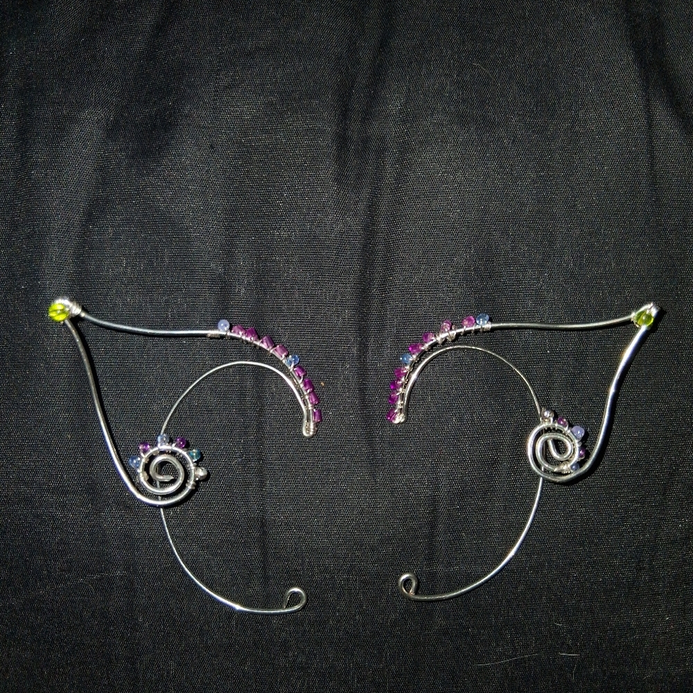 Original Handmade Silver Wire Pixie/Elf Ear Cuffs with Purple and green Accents